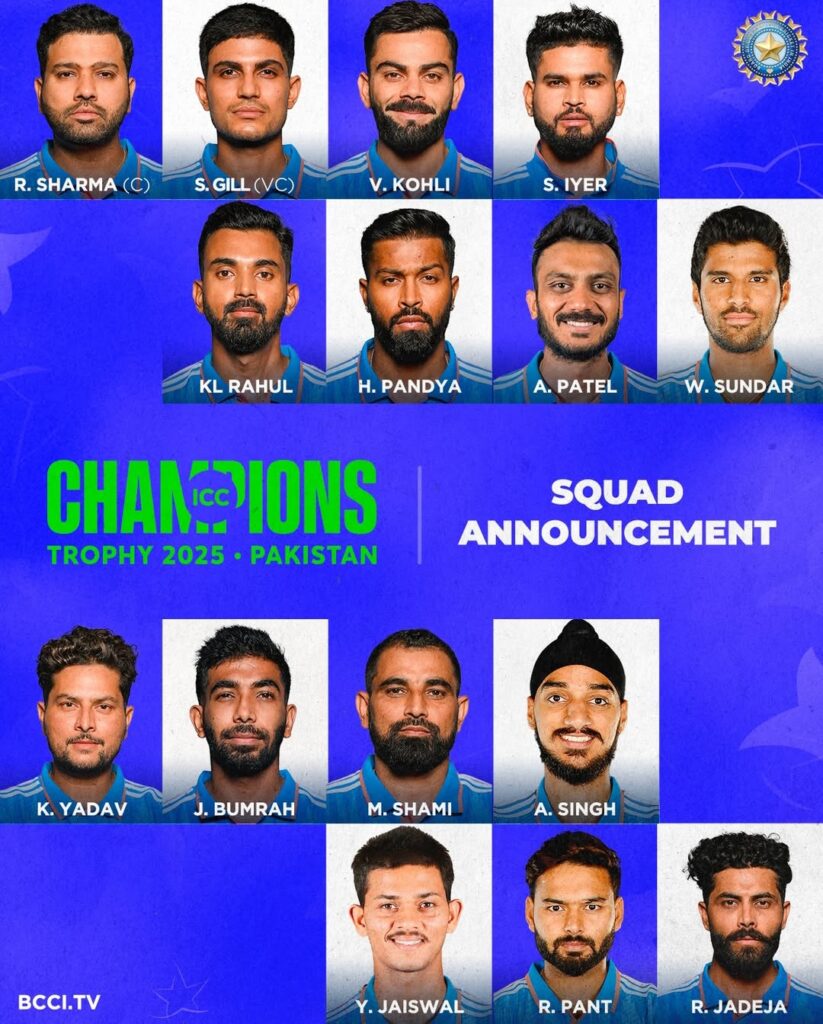 a collage of a group of menchampions trophy india squad 2025